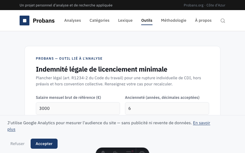 Aperçu du simulateur : Indemnité légale de licenciement minimale